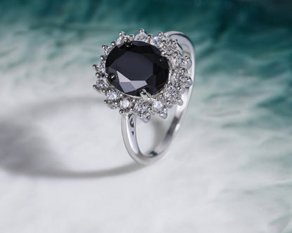 Black Gemstone Halo Ring Sterling Silver